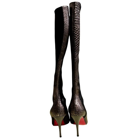Black & Brown Snakeskin Print Knee-High Stiletto Boots With Red Soles, Pointed T - Picture 4 of 9